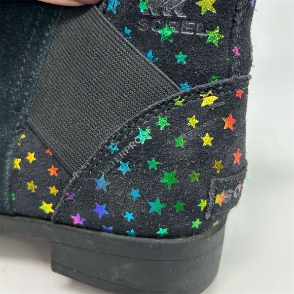 Sorel Emelie Black Leather Chelsea Boots Girls Size 5 Multicolor Rainbow Stars - Picture 8 of 14